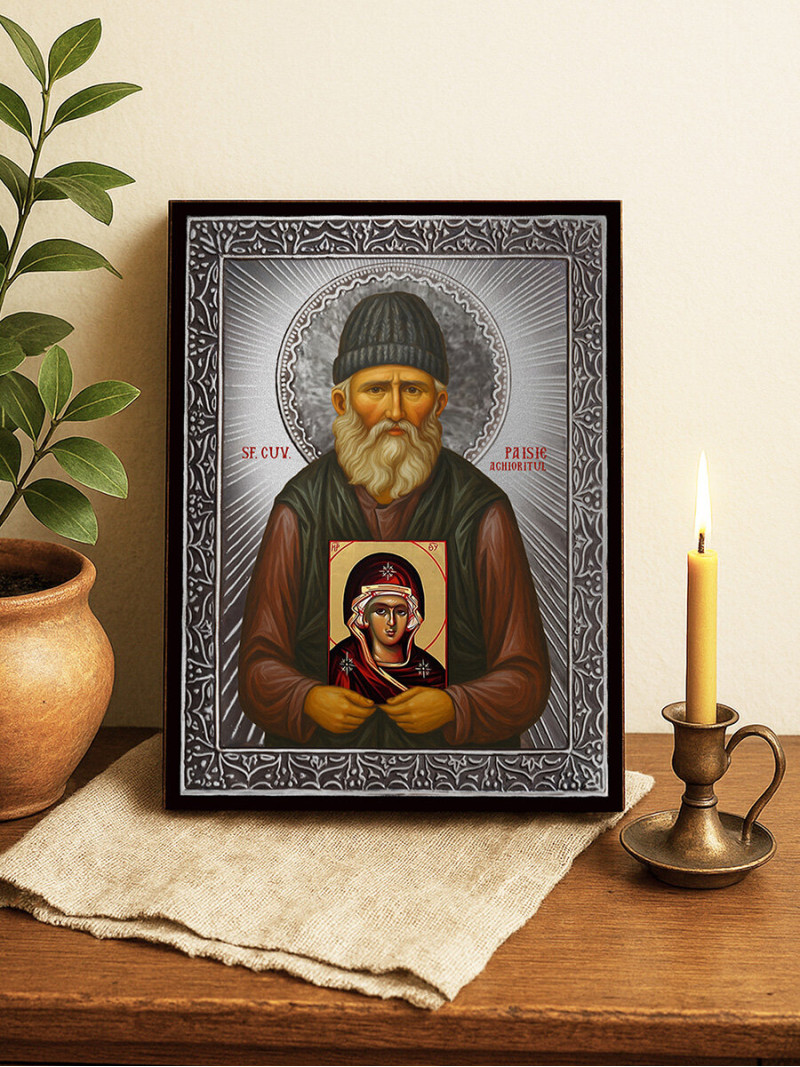 Icoană cu Sfântul Paisie cu raze argintii decorative