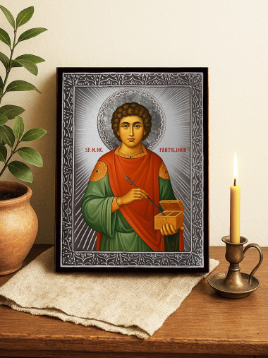 Icoană cu Sfântul Pantelimon cu raze argintii decorative