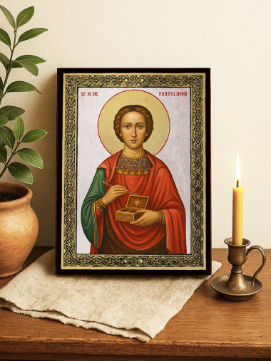 Icoană din argint cu Sfântul Pantelimon și ramă aurită