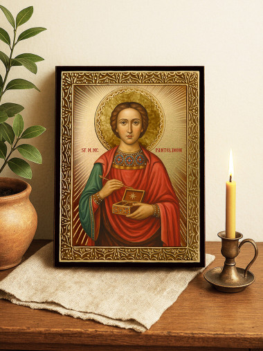 Icoană aurită cu Sfântul Pantelimon cu raze decorative