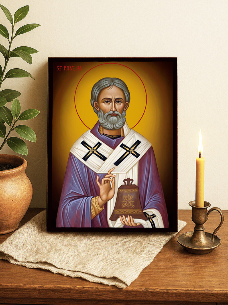 Icoană ortodoxă cu Sfântul Pavlin cu fundal galben luminos