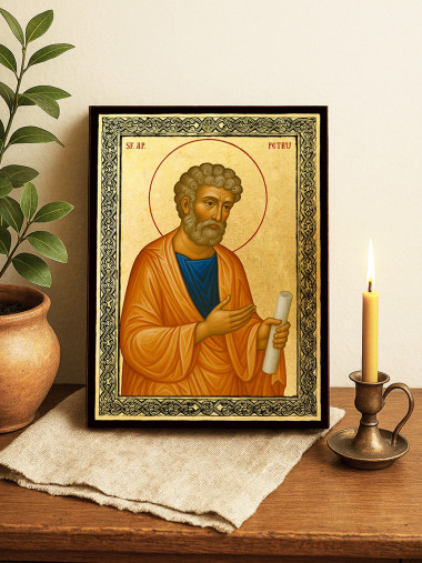 Icoană aurită cu Sfântul Petru și ramă decorativă