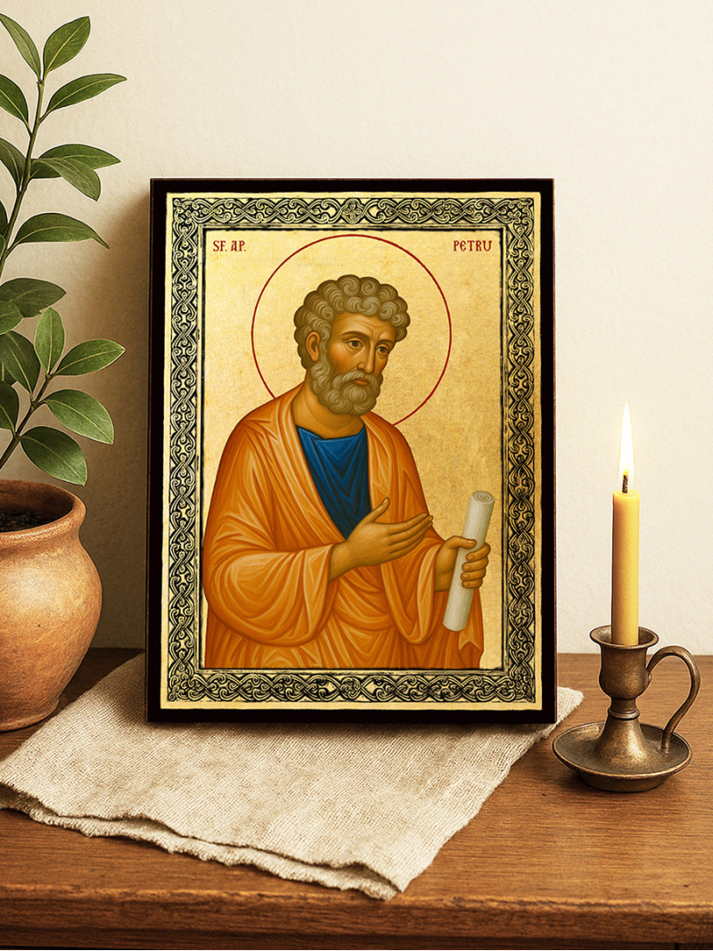 Icoană aurită cu Sfântul Petru și ramă decorativă