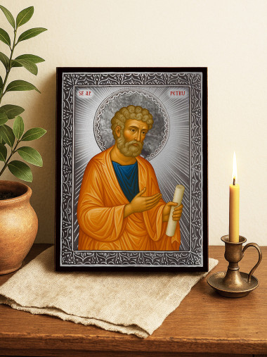 Icoană cu Sfântul Petru cu raze argintii decorative