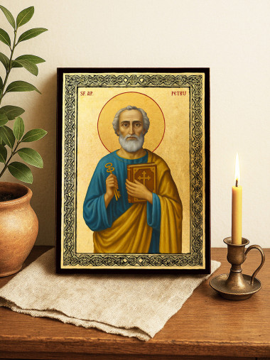 Icoană aurită cu Sfântul Petru și ramă decorativă