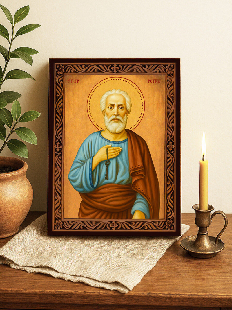 Icoană cu Sfântul Petru cu ramă decorativă rustică