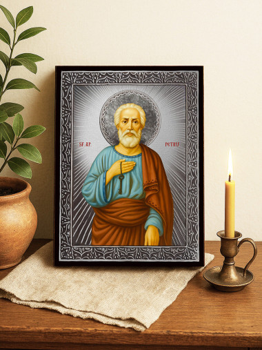 Icoană din argint cu Sfântul Petru și raze decorative
