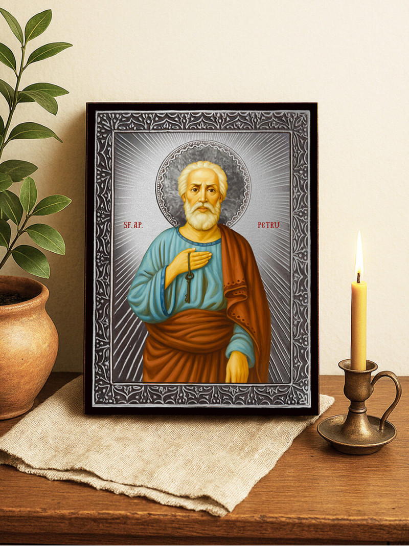 Icoană din argint cu Sfântul Petru și raze decorative