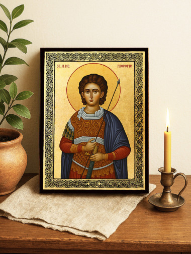 Icoană aurită cu Sfântul Procopie și ramă decorativă