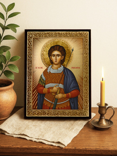 Icoană cu Sfântul Procopie cu raze aurii decorative