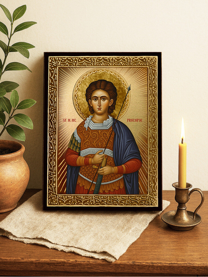 Icoană cu Sfântul Procopie cu raze aurii decorative