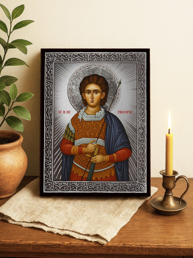 Icoană cu Sfântul Procopie cu raze argintii decorative