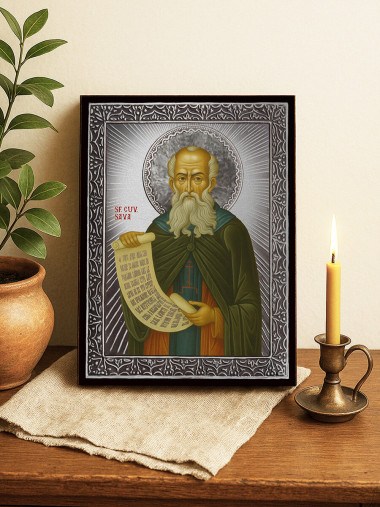 Icoană cu Sfântul Sava cel Sfințit cu raze argintii decorative