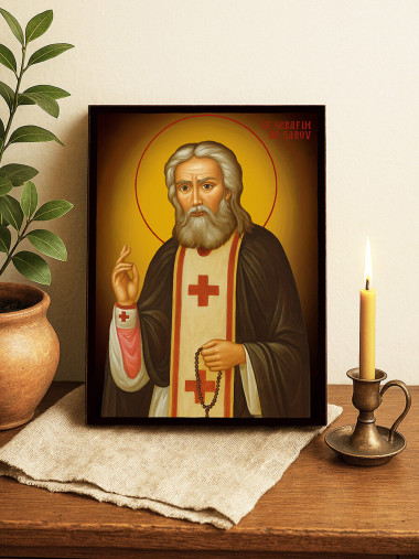 Icoană cu Sfântul Serafim de Sarov cu fundal galben luminos