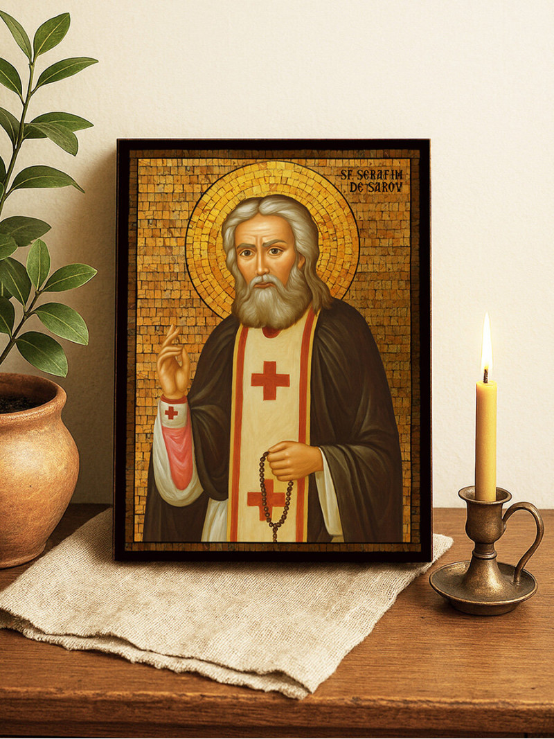 Icoană cu Sfântul Serafim de Sarov cu mozaic auriu decorativ