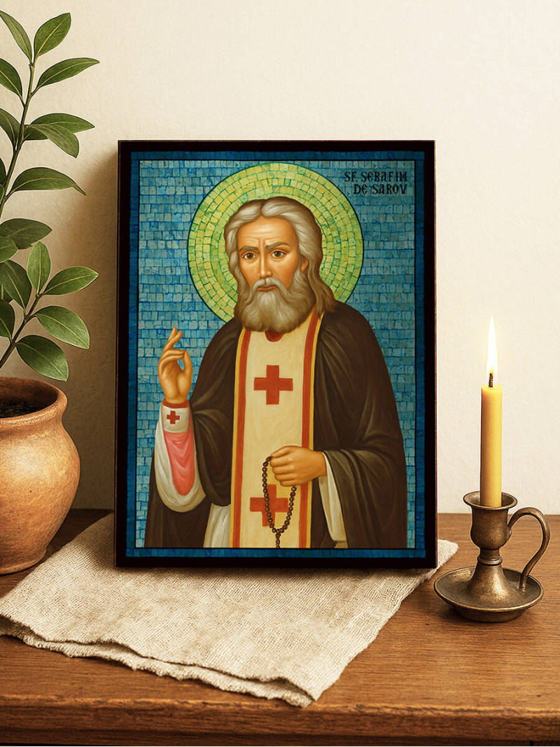 Icoană cu Sfântul Serafim de Sarov cu mozaic albastru argintiu