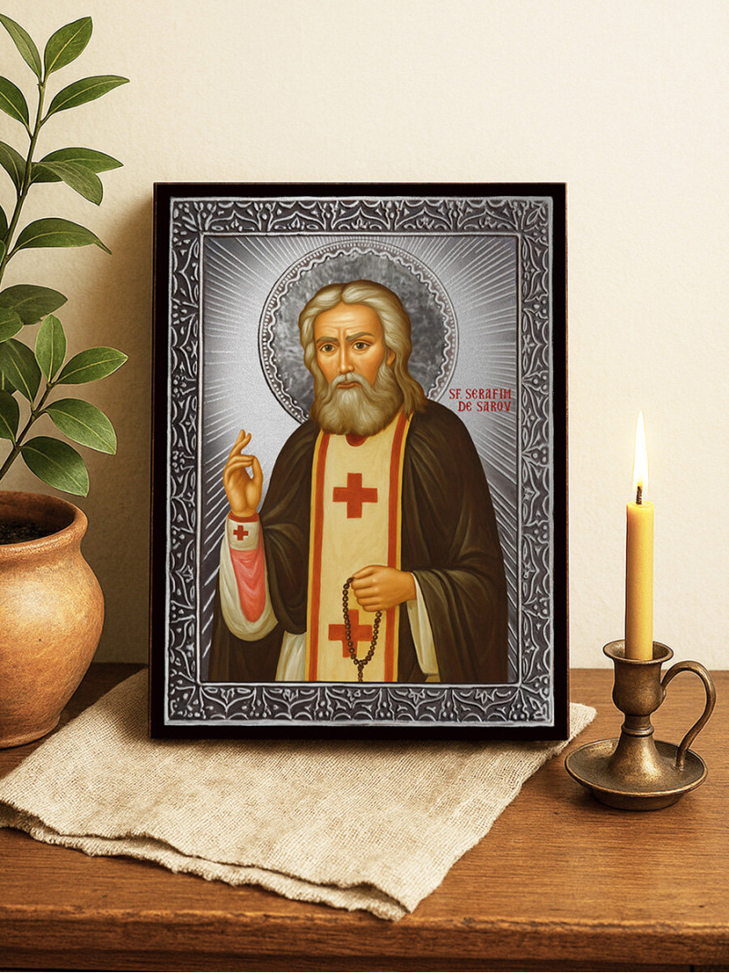 Icoană cu Sfântul Serafim de Sarov cu raze argintii decorative