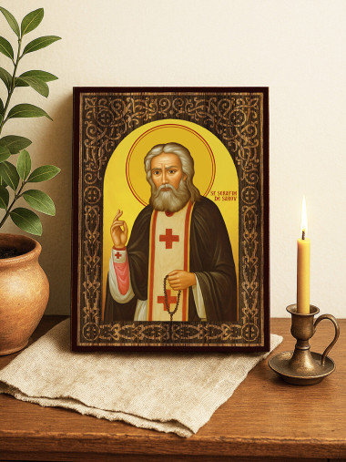 Icoană cu Sfântul Serafim de Sarov cu arc floral cu textură de lemn