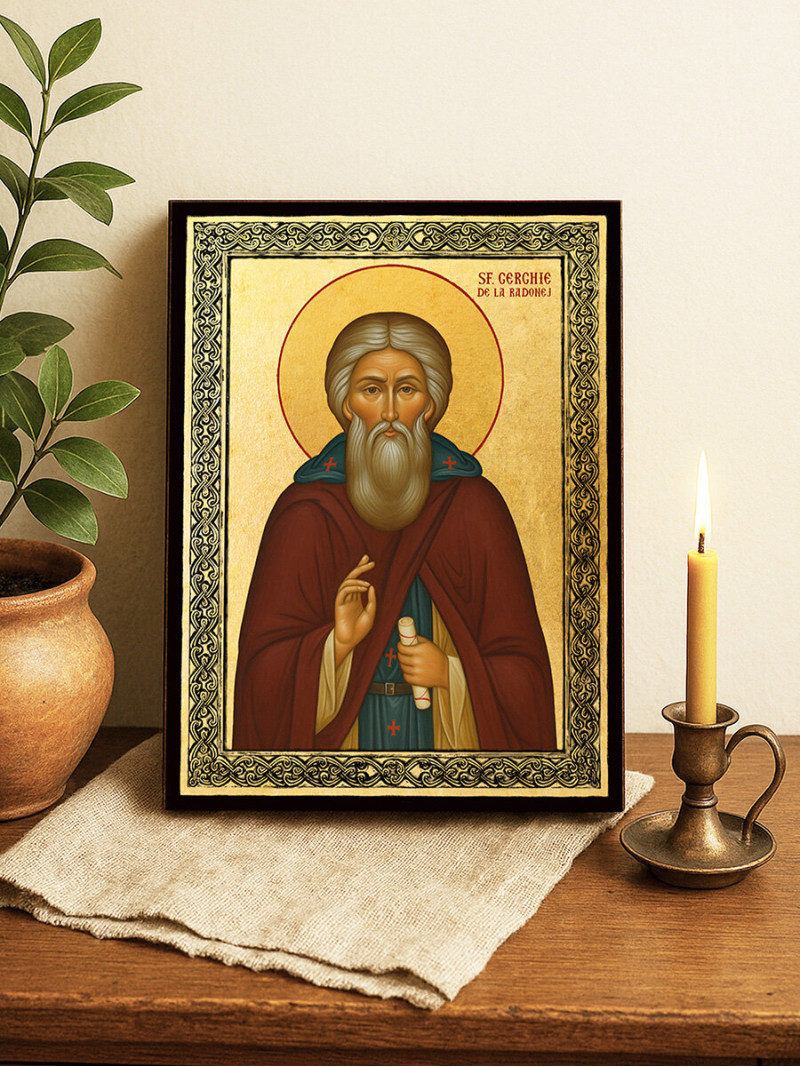 Icoană aurită cu Sfântul Serghie de Radonej și ramă decorativă