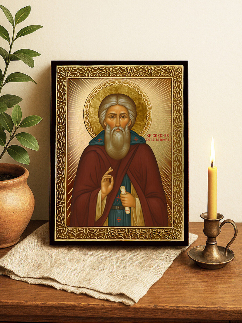 Icoană cu Sfântul Serghie de Radonej cu raze aurii decorative