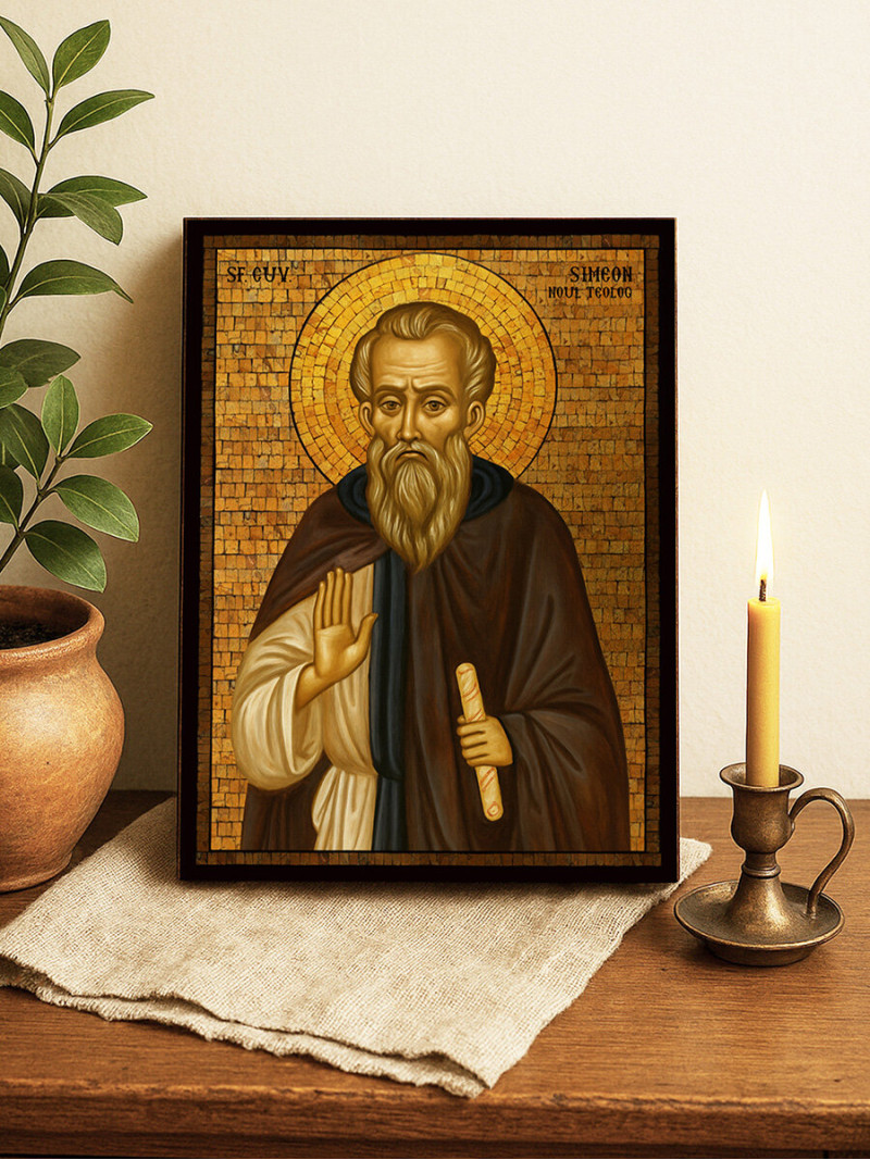 Icoană cu Sfântul Simeon Noul Teolog cu mozaic auriu decorativ