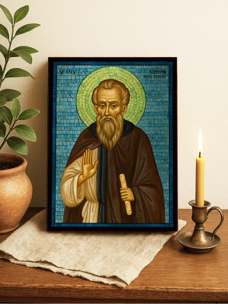 Icoană cu Sfântul Simeon Noul Teolog cu mozaic albastru argintiu