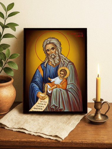 Icoană cu Sfântul Simeon Primitorul de Dumnezeu cu fundal galben luminos