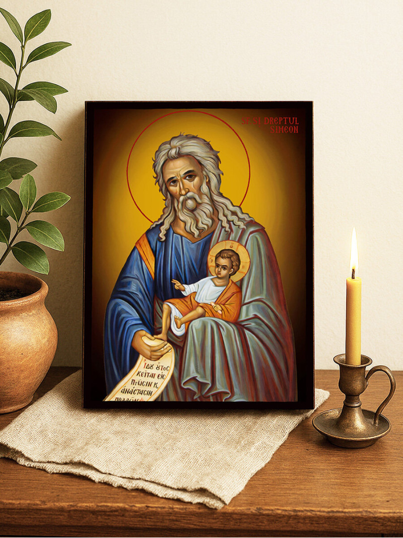 Icoană cu Sfântul Simeon Primitorul de Dumnezeu cu fundal galben luminos