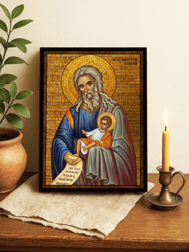Icoană cu Sfântul Simeon Primitorul de Dumnezeu cu mozaic auriu decorativ