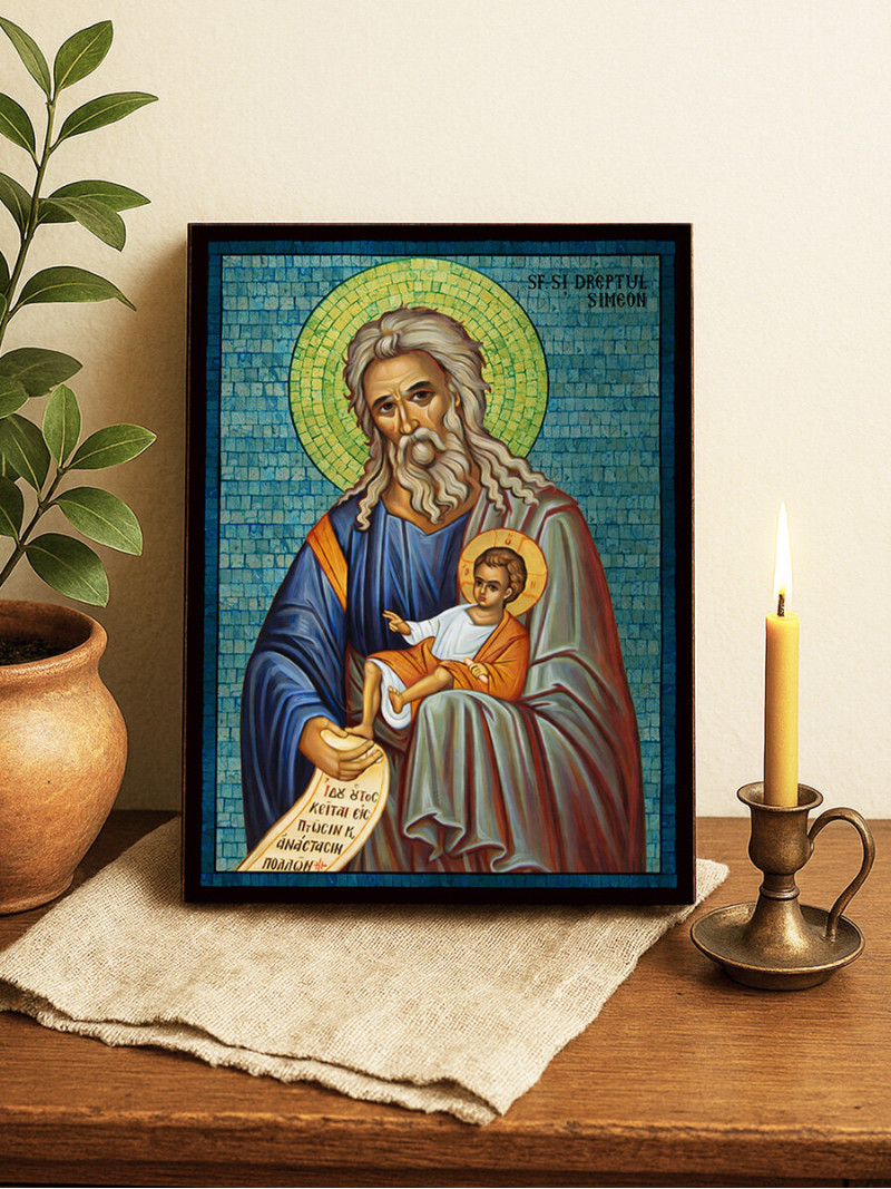 Icoană cu Sfântul Simeon Primitorul de Dumnezeu cu mozaic albastru argintiu