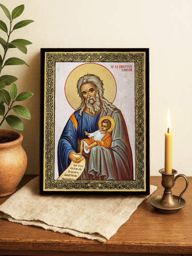 Icoană cu Sfântul Simeon Primitorul de Dumnezeu cu fundal argintiu și ramă aurită