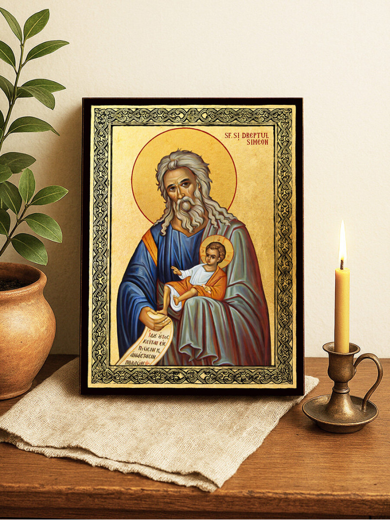 Icoană aurită cu Sfântul Simeon Primitorul de Dumnezeu și ramă decorativă