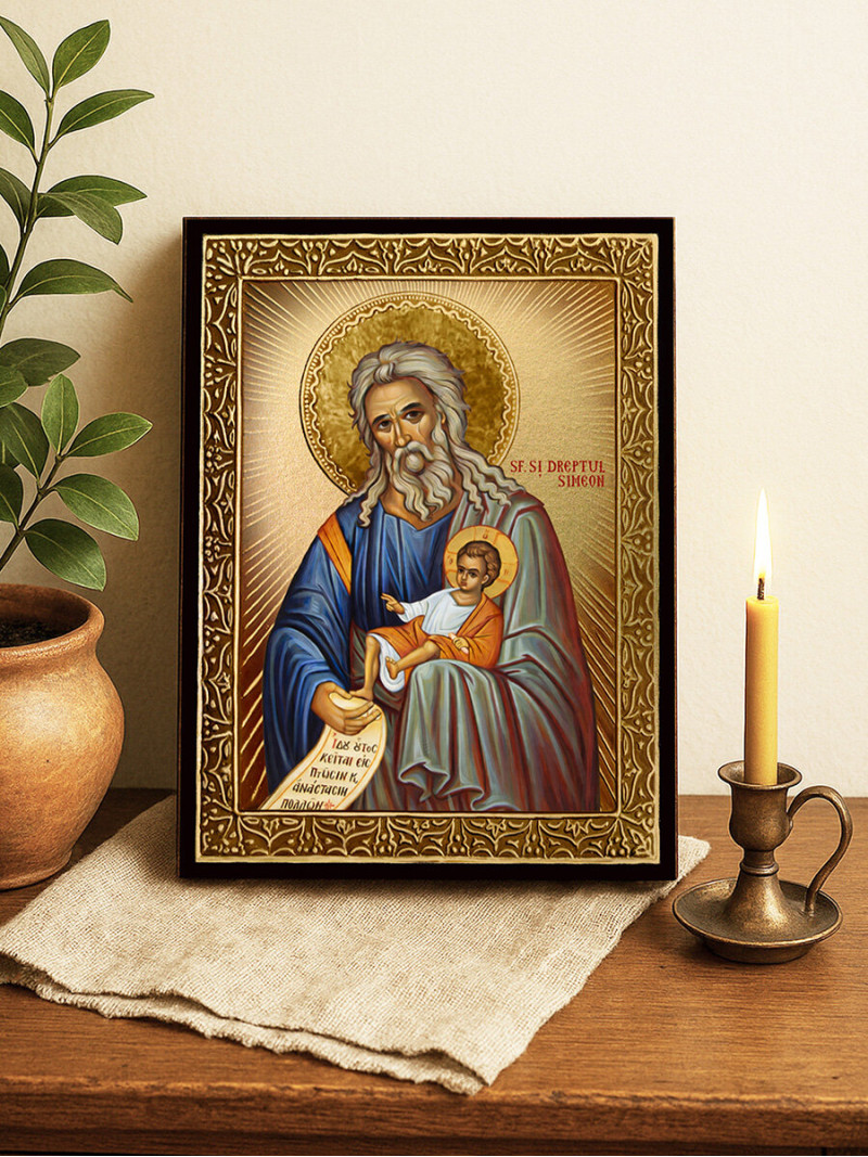 Icoană cu Sfântul Simeon Primitorul de Dumnezeu cu raze aurii decorative