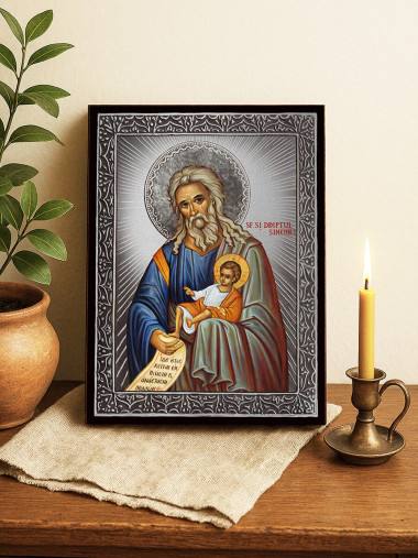 Icoană cu Sfântul Simeon Primitorul de Dumnezeu cu raze argintii decorative