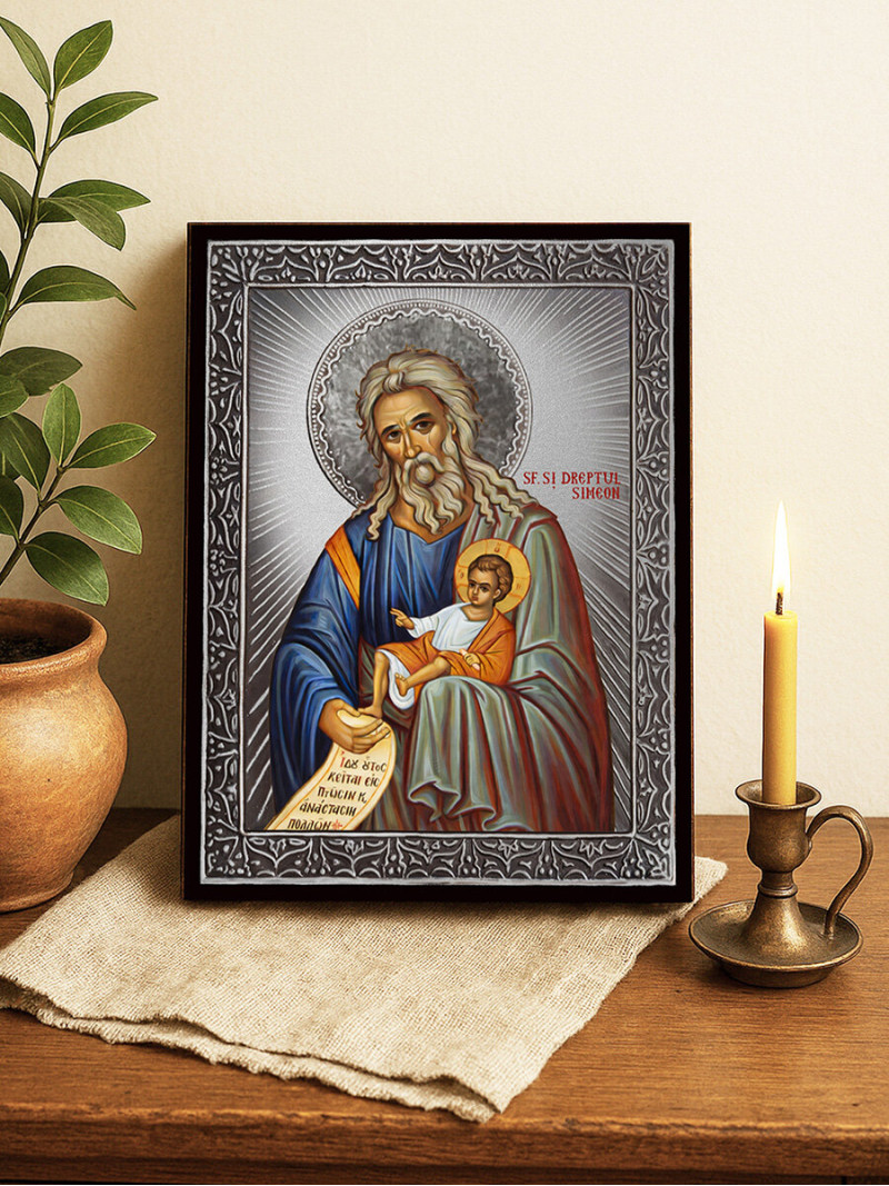 Icoană cu Sfântul Simeon Primitorul de Dumnezeu cu raze argintii decorative