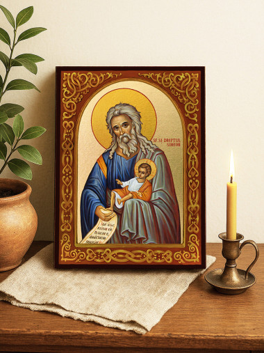 Icoană cu Sfântul Simeon Primitorul de Dumnezeu cu arc floral pe fundal auriu