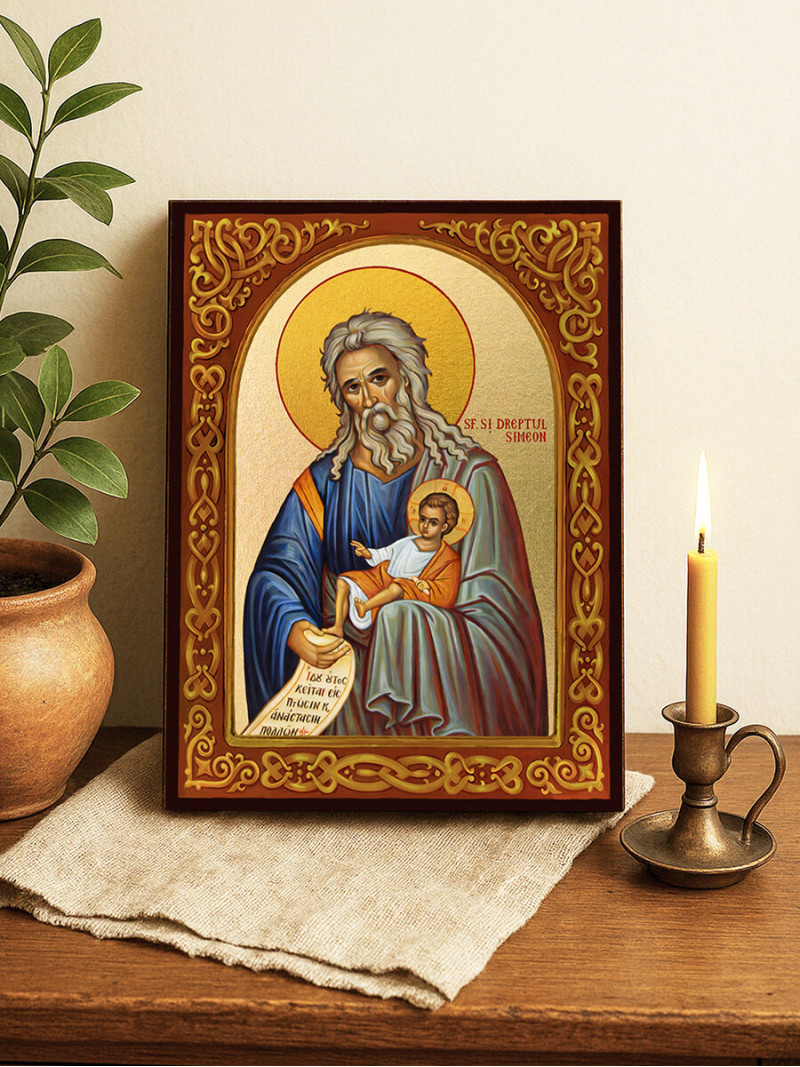 Icoană cu Sfântul Simeon Primitorul de Dumnezeu cu arc floral pe fundal auriu