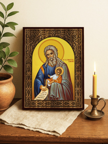 Icoană cu Sfântul Simeon Primitorul de Dumnezeu cu arc floral cu textură de lemn