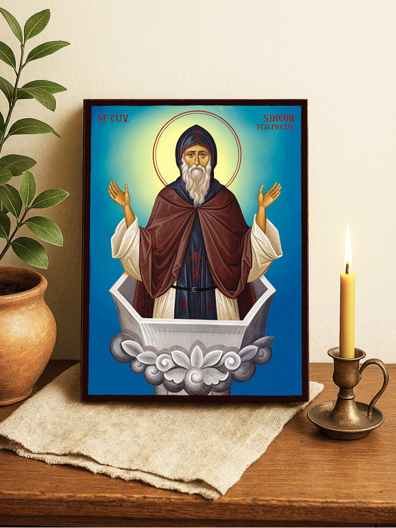 Icoană cu Sfântul Simeon Stâlpnicul cu fundal ceresc