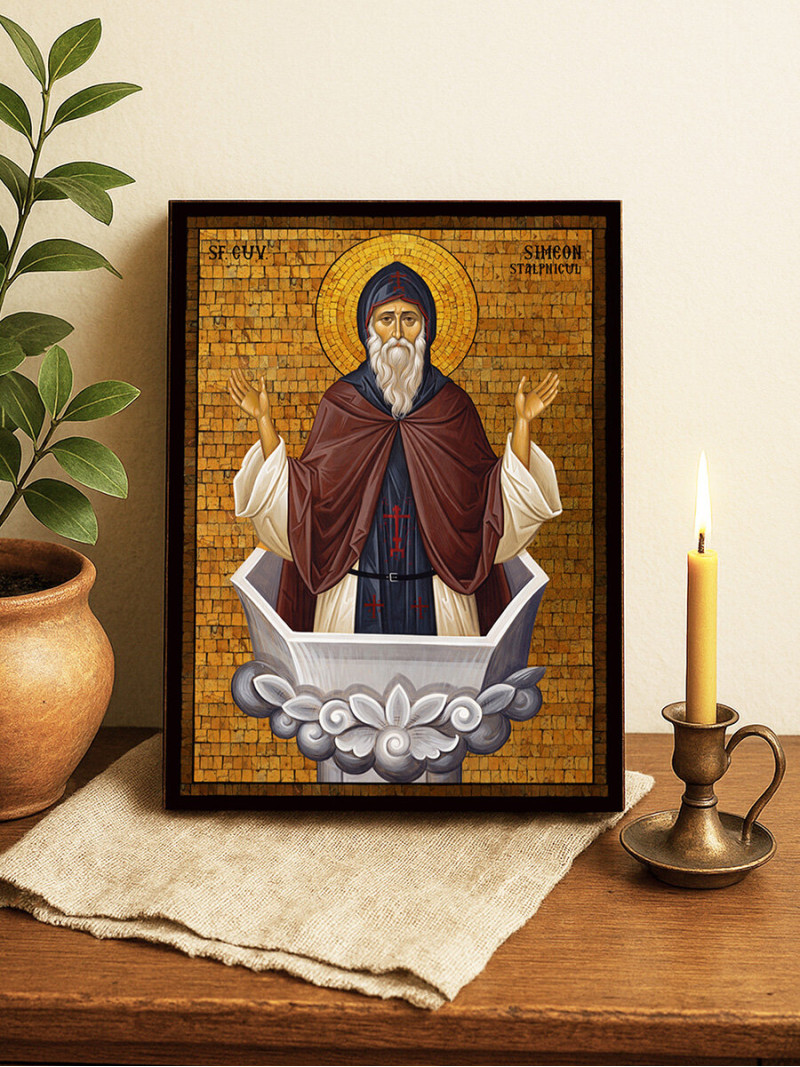 Icoană cu Sfântul Simeon Stâlpnicul cu mozaic auriu decorativ