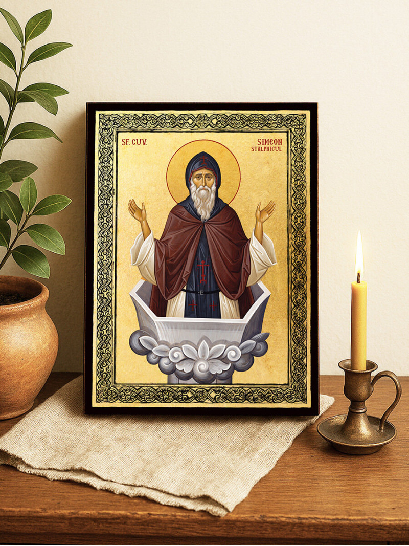 Icoană aurită cu Sfântul Simeon Stâlpnicul și ramă decorativă