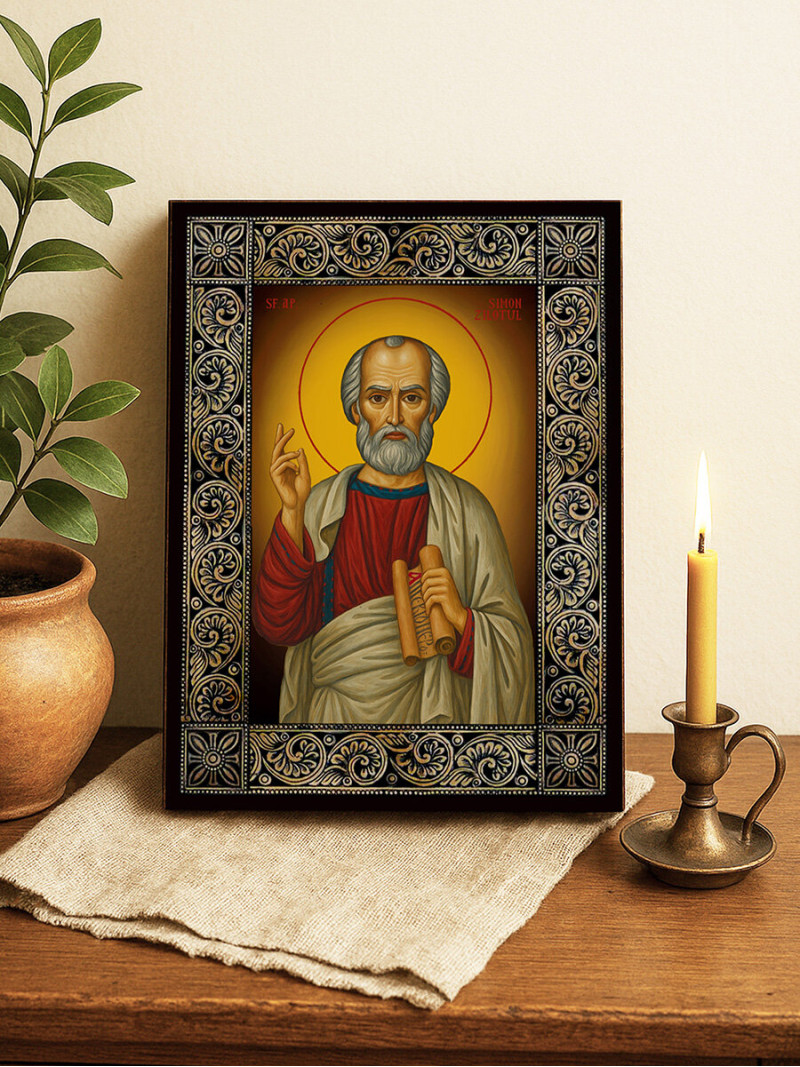 Icoană cu Sfântul Simon și ramă florală decorativă