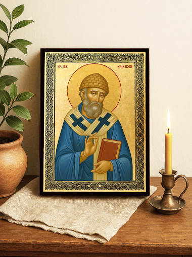 Icoană aurită cu Sfântul Spiridon și ramă decorativă