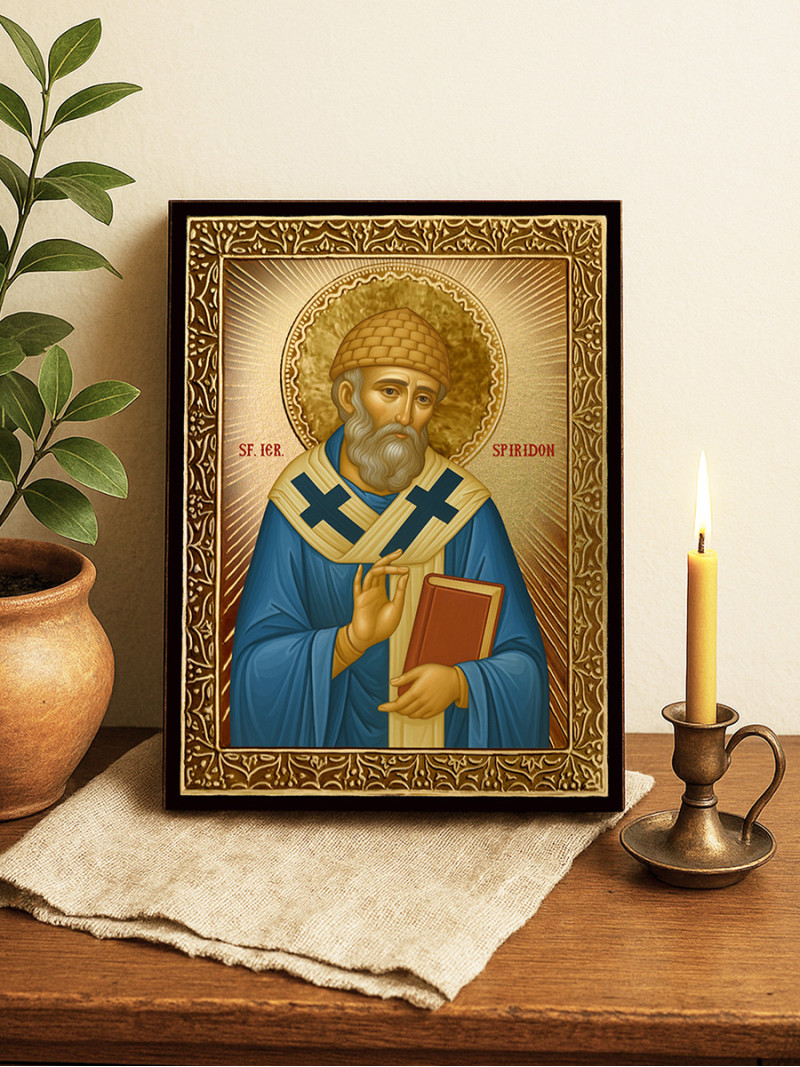 Icoană cu Sfântul Spiridon cu raze aurii decorative