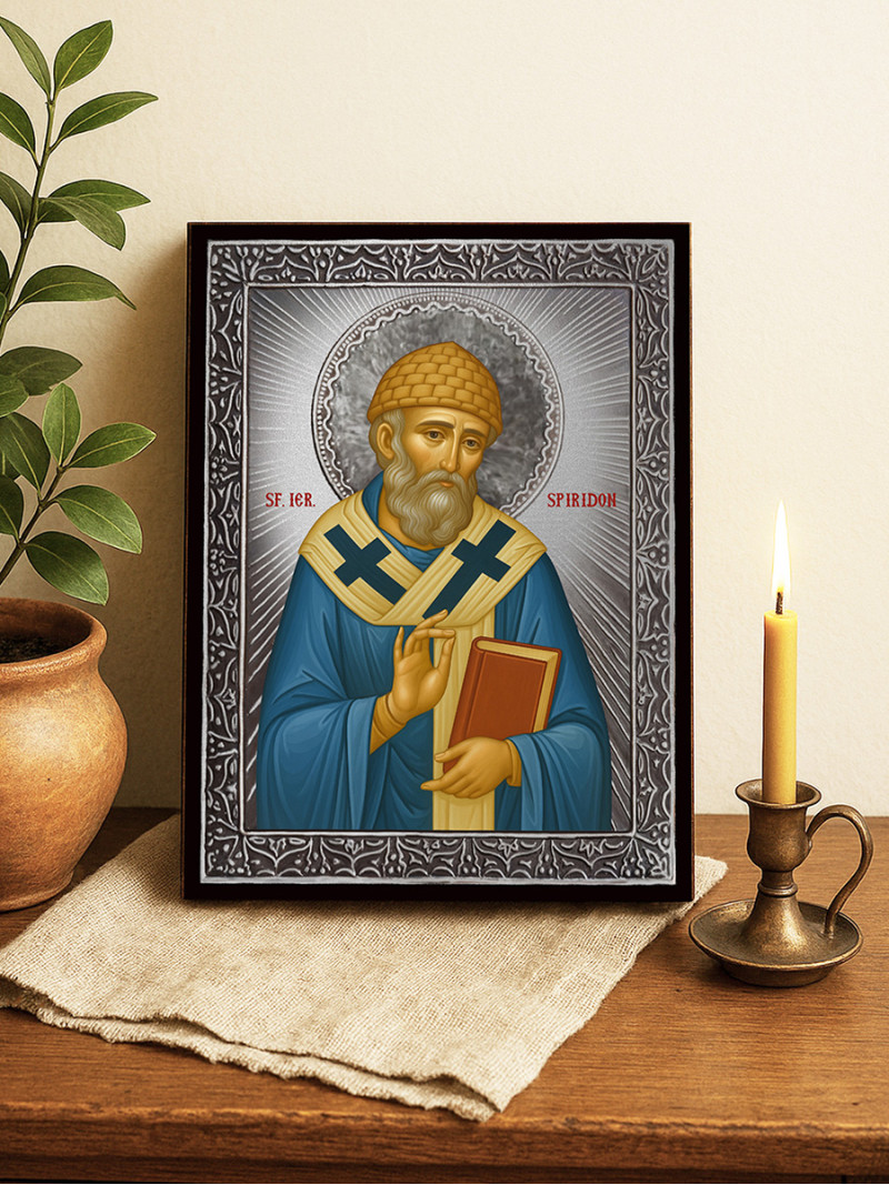 Icoană cu Sfântul Spiridon cu raze argintii decorative