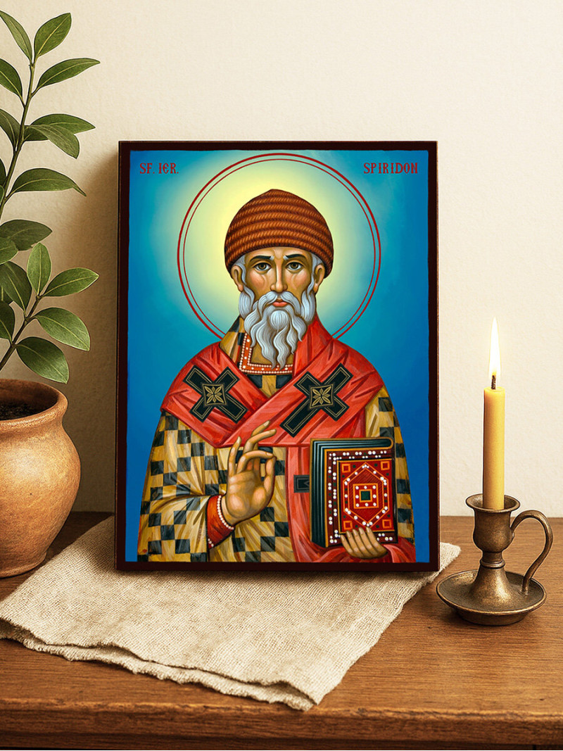 Icoană cu Sfântul Spiridon cu fundal ceresc