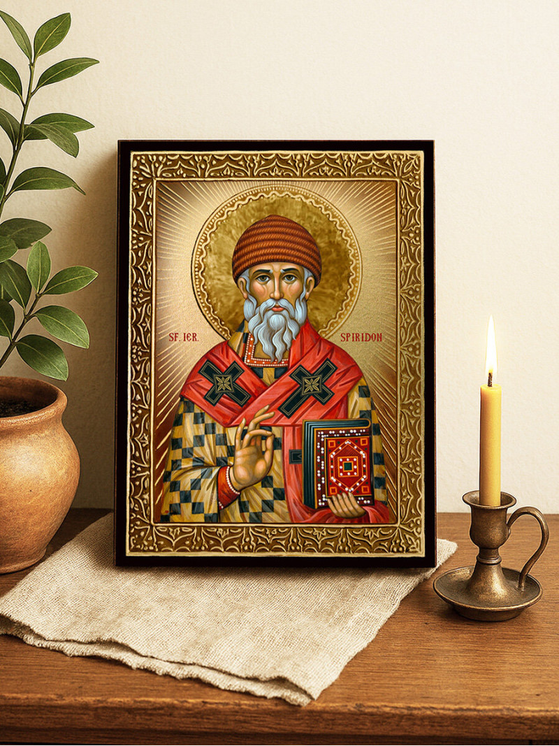 Icoană cu Sfântul Spiridon cu raze aurii decorative
