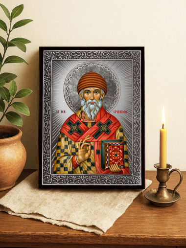 Icoană cu Sfântul Spiridon cu raze argintii decorative