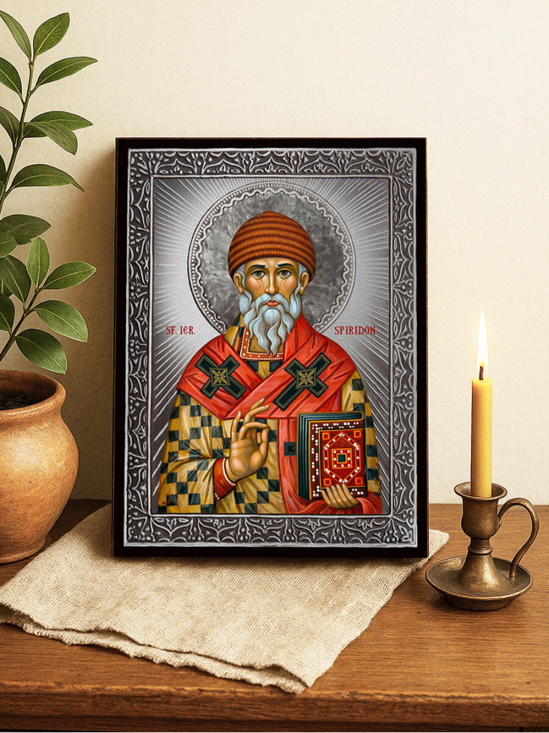 Icoană cu Sfântul Spiridon cu raze argintii decorative