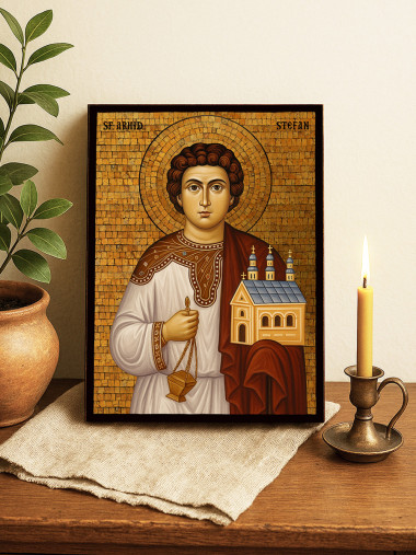 Icoană aurită cu Sfântul Ștefan cu mozaic decorativ auriu